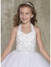 White Beaded Glittering Tulle Halter Flower Girl Dress